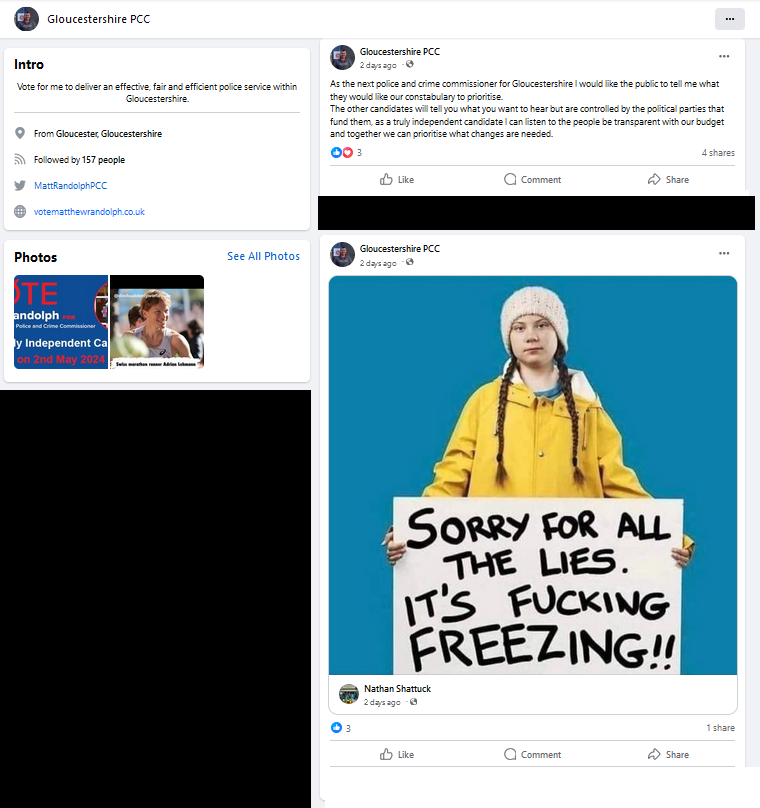 Post shared by Matthew Randolph featuring Greta Thunberg holding a sign edited to read "Sorry for all the Lies. It's Fucking Freezing!!"
