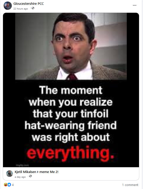 Post shared by Matthew Randolph with a picture of Mr Bean looking shocked with the text "The moment when you realize that your tinfoil hat-wearing friend was right about EVERYTHING"