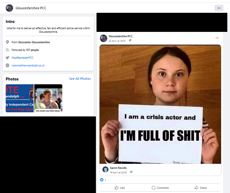 Matt Randolph's campaign page shares image of Greta Thunberg holding a sign which has been written over to read "I am a crisis actor and I'M FULL OF SHIT"